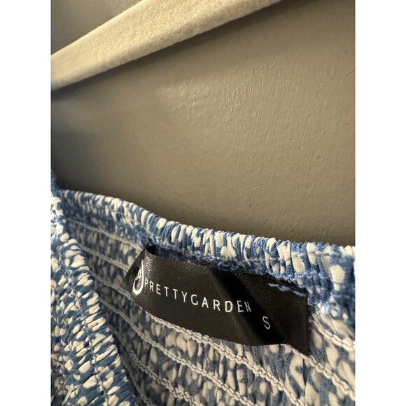 Blue & White Floral Print Long Sleeve Smocked Midi Dress By Prettygarden S - Picture 2 of 7